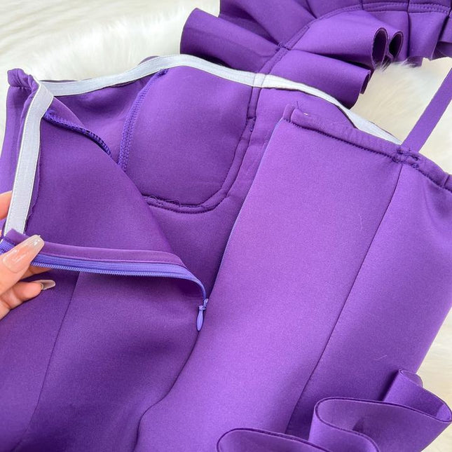 Fashion Premium Ruffle Sheath Hanging Neck Waist Purple Tight Gown Dresses