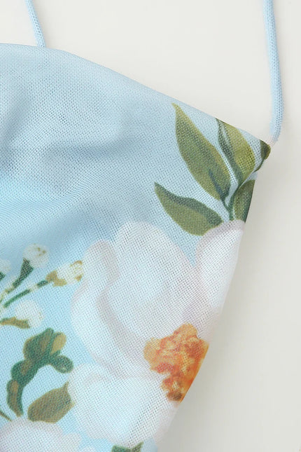 Blue Color Back Hollow Out Floral Print Spaghetti Strap Casual Fashion Mini slip Dress for Women