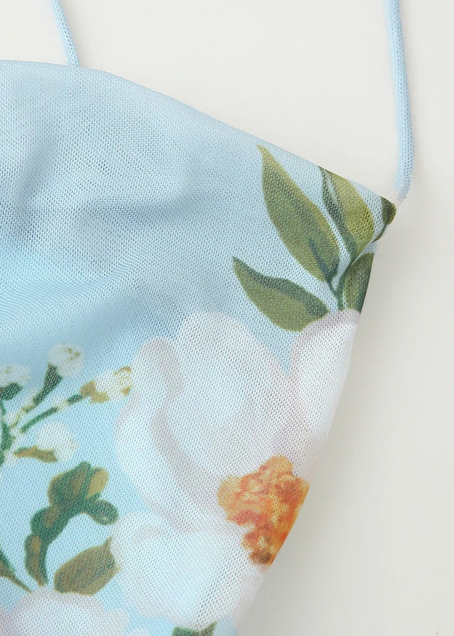 Blue Color Back Hollow Out Floral Print Spaghetti Strap Casual Fashion Mini slip Dress for Women