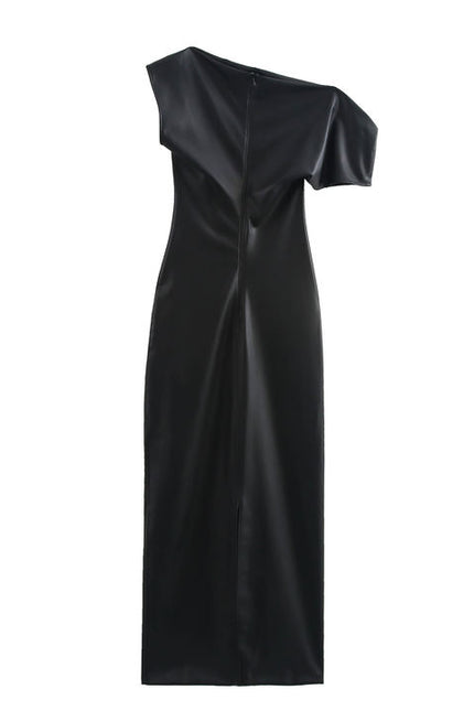 Asymmetrical Design Black Color Short Sleeve Casual Fashion Leather Long Dress for Women