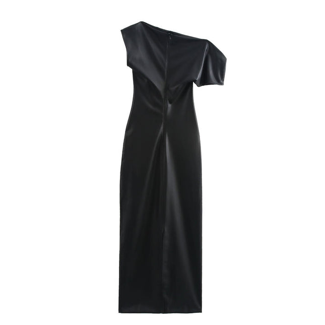 Asymmetrical Design Black Color Short Sleeve Casual Fashion Leather Long Dress for Women