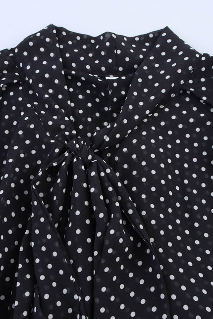 Bow Tie Collar Black Color Polka Dot Print Long Sleeve Casual Fashion Tops Blouse for Women