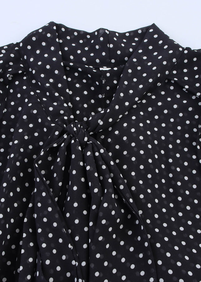Bow Tie Collar Black Color Polka Dot Print Long Sleeve Casual Fashion Tops Blouse for Women