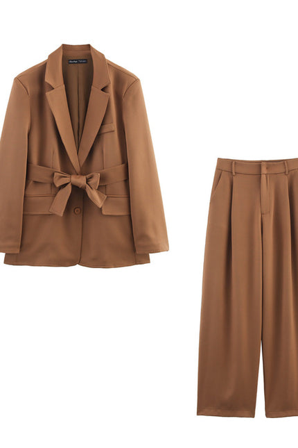 Brown Color Long Sleeve Notched Collar Sashes Casual Fashion blazer Jacket for Women