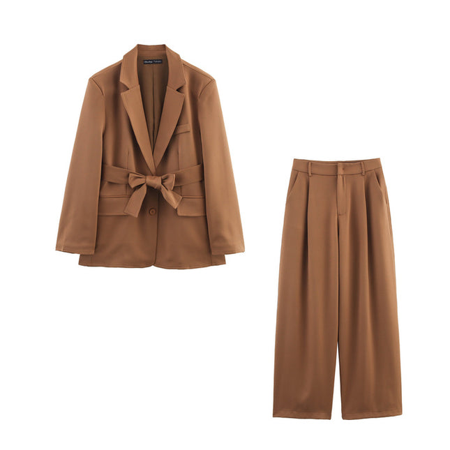 Brown Color Long Sleeve Notched Collar Sashes Casual Fashion blazer Jacket for Women