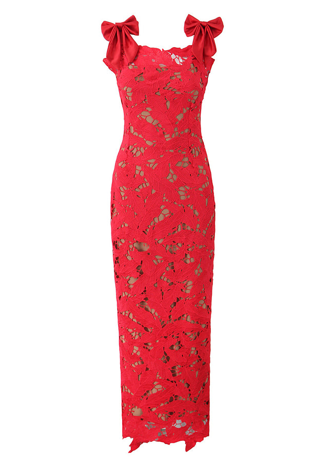 2 Colorway Floral Lace Solid Color Shoulder Strap Back Slit Casual Fashion Maxi Dress for Women
