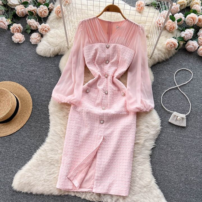 Mulher Mesh Splicing Split V-Neck Lanterna Manga Cintura Vestido
