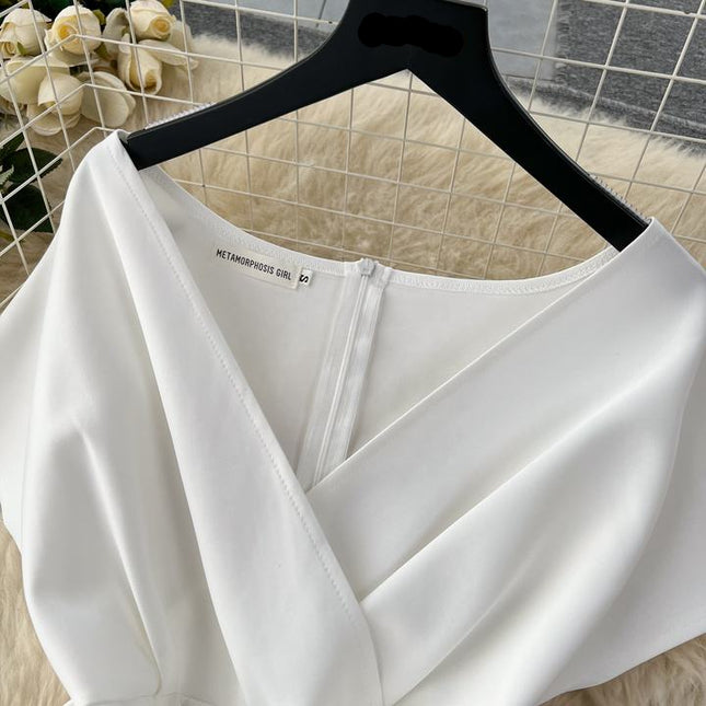 Banquet Party Dresses Women Summer Bow Tie Short Sleeve V-Neck Dresses