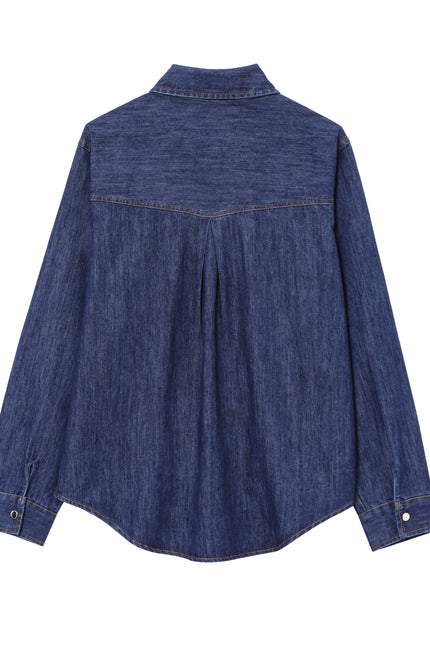 Denim Blue Color Buttons up Long Sleeve Long Sleeve Casual Fashion Jeans Tops Blouse for Women