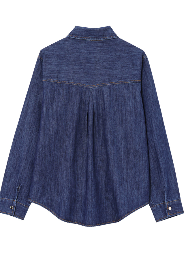 Denim Blue Color Buttons up Long Sleeve Long Sleeve Casual Fashion Jeans Tops Blouse for Women