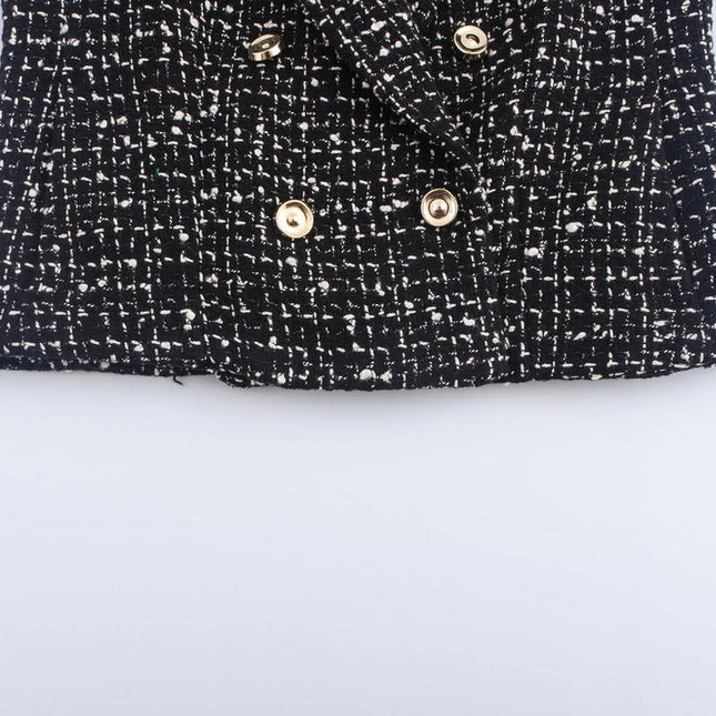 Black Color Plaid Pattern Double Breasted Long Sleeve Notched Collar Casual Fashion blazer for Women