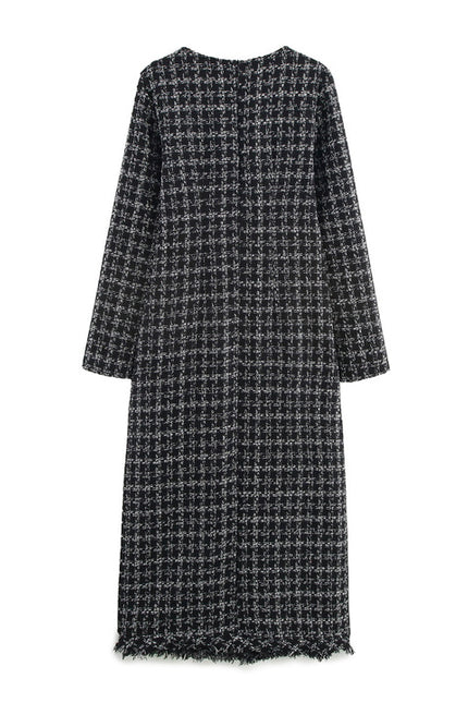 Square Collar Long Sleeve Plaid Pattern Buttons up Casual Fashion Tweed Long Dress for Women