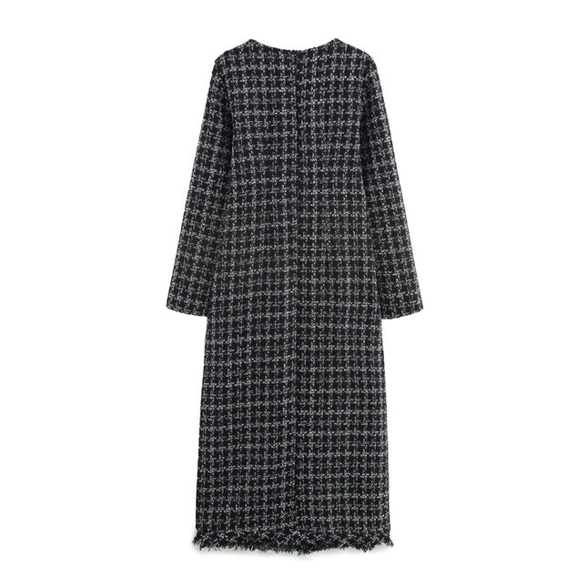 Square Collar Long Sleeve Plaid Pattern Buttons up Casual Fashion Tweed Long Dress for Women