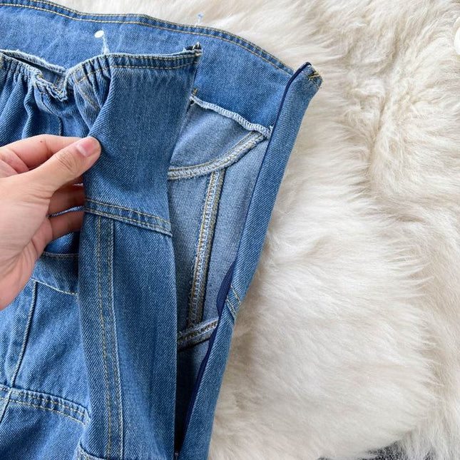 Spring Summer New Retro Sexy Female Denim Chest Wide-Leg Denim Pants Jumpsuit