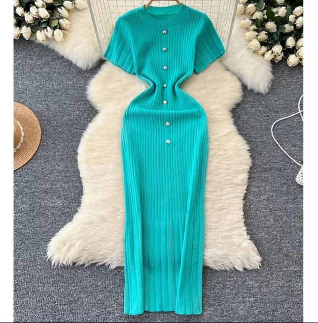 Women's New Premium Round Neck Short Sleeve Slim French Knit Dresses