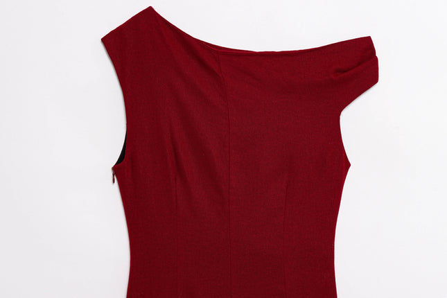 Crew Neck Sleeveless Red Color Front Pleated Beading Casual Fashion Long Dress for Women