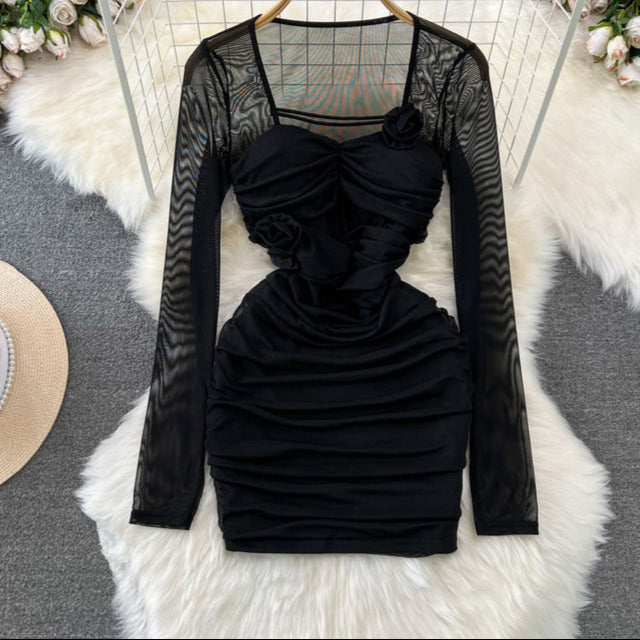 Spicy Girl Sexy Long Sleeve Square Neck Waist Shrinking Mesh Perspective 3D Flower Wrap Hip Dress