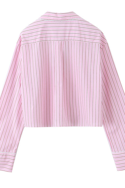 Turn Down Collar Striped Print pink Color Long Sleeve Buttons up Casual Fashion Tops Blouse for Women