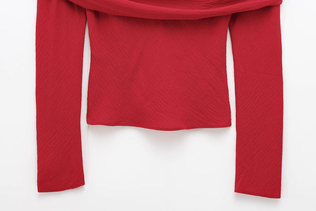 Slash Neck Long Sleeve Red Color Pleated Back Zipper Fly Casual Fashion Tops Shirts for Women