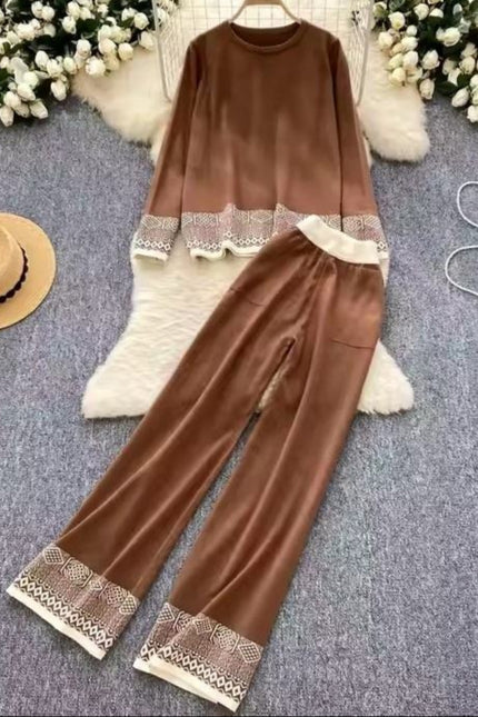 Women Fashion Round Neck Long Sleeve Jacquard Knit Top High Waisted Wide Leg Pants Casual Set
