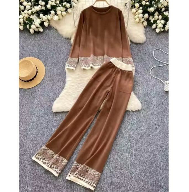 Women Fashion Round Neck Long Sleeve Jacquard Knit Top High Waisted Wide Leg Pants Casual Set