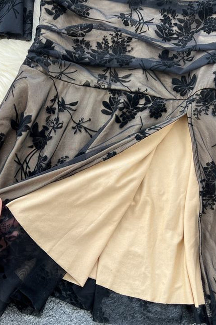 French Vintage Elegant Dresses Women Premium Pleated Slim Split Lace Ruffle Long Dresses