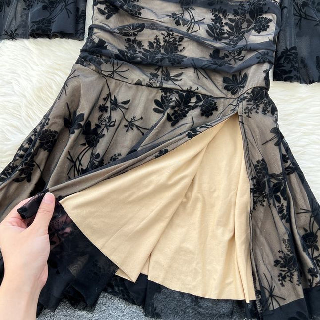 French Vintage Elegant Dresses Women Premium Pleated Slim Split Lace Ruffle Long Dresses