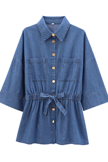 Turn Down Collar Half Sleeve Buttons up Denim Blue Color Buttons up Casual Fashion Tops Shirts for Women