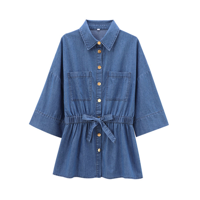 Turn Down Collar Half Sleeve Buttons up Denim Blue Color Buttons up Casual Fashion Tops Shirts for Women