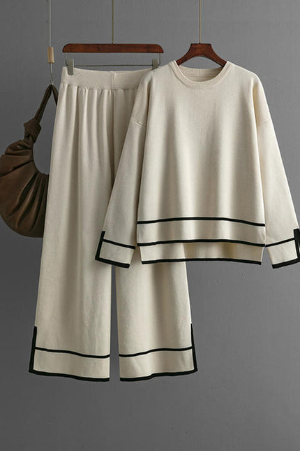 Women's Knitting Two-piece Suit Round Neck Long-sleeved Split Top+long-pants Sweater Two-piece Sets