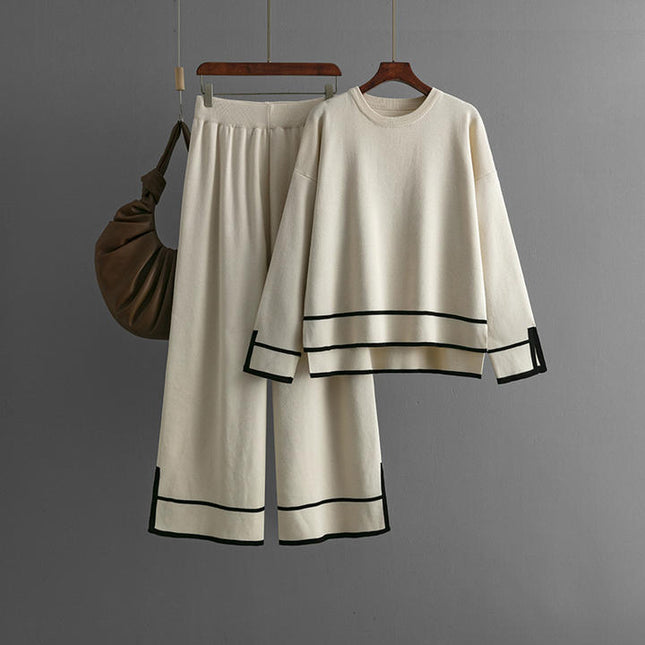 Women's Knitting Two-piece Suit Round Neck Long-sleeved Split Top+long-pants Sweater Two-piece Sets