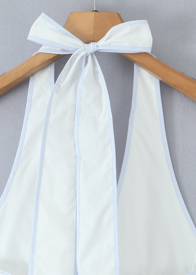 Back Hollow Out White Color Sleeveless Causal Fashion Summer Mini Cotton Halter Dress for Women