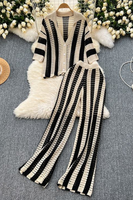 Plus Size Women's Premium Set Colorblocking Striped Knit Cardigan Loose Wide Leg Pants Casual 2 Pieces