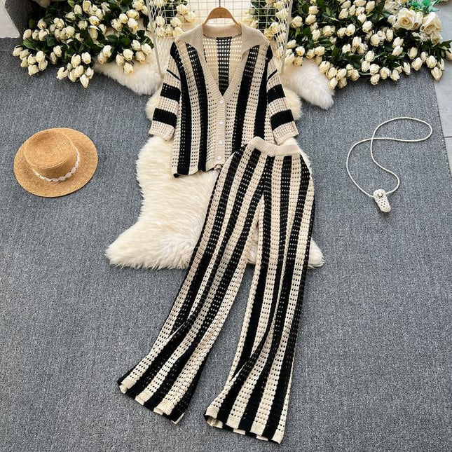 Plus Size Women's Premium Set Colorblocking Striped Knit Cardigan Loose Wide Leg Pants Casual 2 Pieces