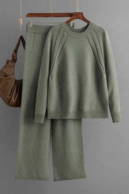 Autumn and Winter New Knitted Suits Solid Color Round Neck Sweater + Loose Wide Leg Pants One Size Two-piece Set