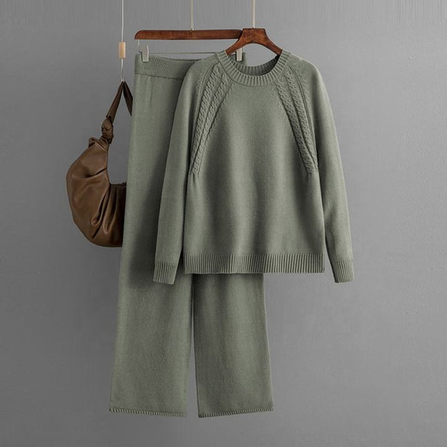 Autumn and Winter New Knitted Suits Solid Color Round Neck Sweater + Loose Wide Leg Pants One Size Two-piece Set