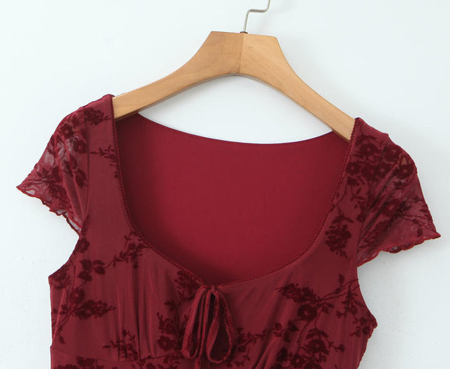 Square Collar Short Sleeve Burgundy Color Front Lace up Casual Fashion Summer Mini Dress for Women
