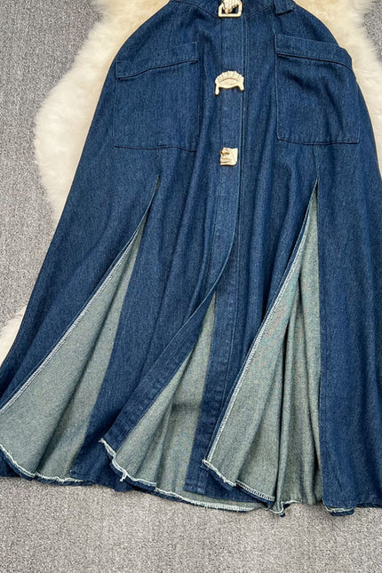 Vintage Lapel Cut-Out Waistless Sleeveless A-Line Split Denim Dress
