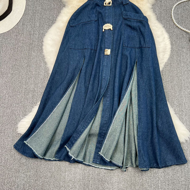 Vintage Lapel Cut-Out Waistless Sleeveless A-Line Split Denim Dress