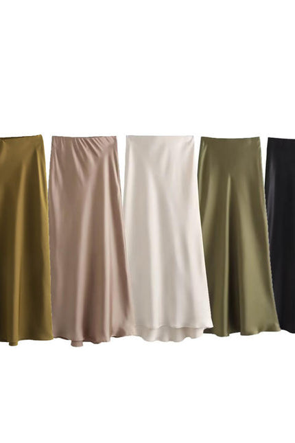 5 Colorway Zipper Fly Solid Color Silky Casual Fashion Long Skirt for Women