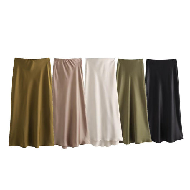 5 Colorway Zipper Fly Solid Color Silky Casual Fashion Long Skirt for Women