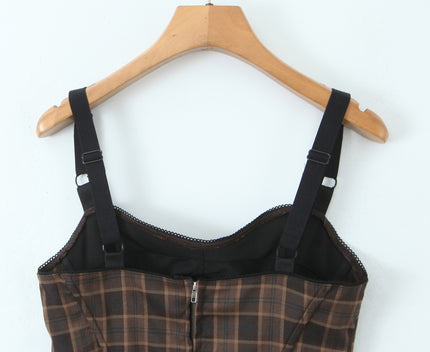 Brown Color Plaid Print Shoulder Strap Casual Fashion Women's Crop tank Top
