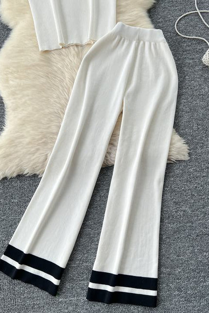 Fashion Suit Women's Summer Fashion Color Contrast Striped Knitted Top High-waisted Casual Wide-leg Pants Two-piece Set