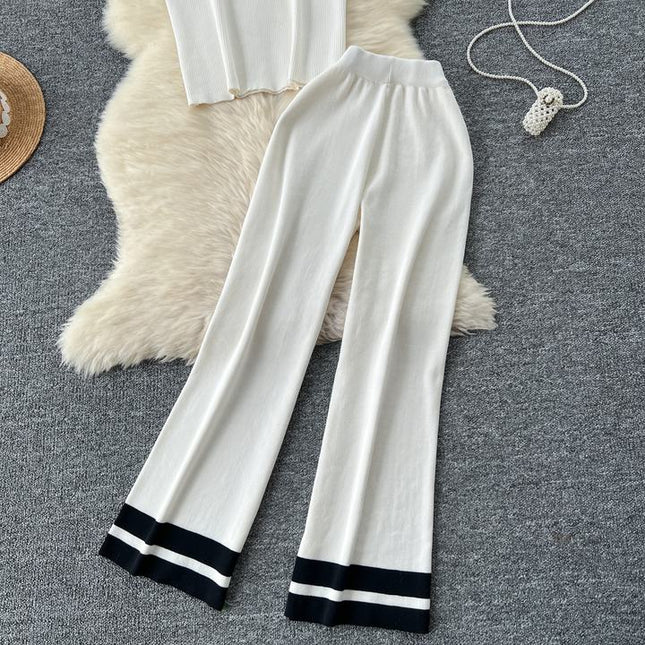 Fashion Suit Women's Summer Fashion Color Contrast Striped Knitted Top High-waisted Casual Wide-leg Pants Two-piece Set
