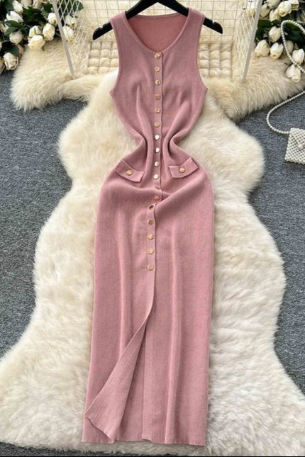Sexy Long Knitted Dresses Summer Clothing Mulheres Apertado Casual Elegante Sem Mangas Botão Knit Maxi Dress