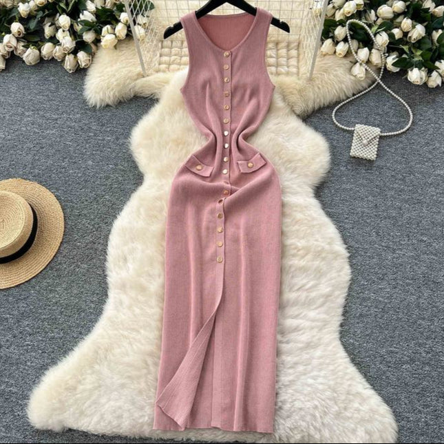 Sexy Long Knitted Dresses Summer Clothing Mulheres Apertado Casual Elegante Sem Mangas Botão Knit Maxi Dress
