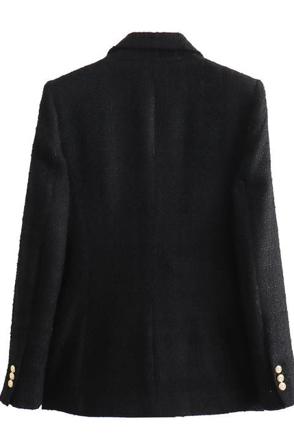 Notched Collar Double Breasted Black Color Casual Fashion Tweed blazer for Women