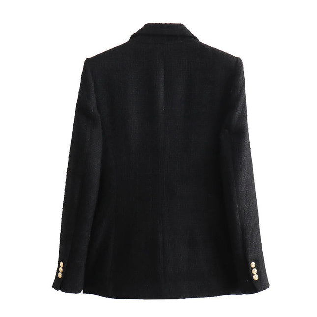 Notched Collar Double Breasted Black Color Casual Fashion Tweed blazer for Women