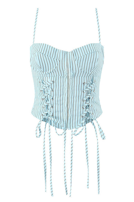 Spaghetti Strap Striped Print Front Lace up Hot Sale Casual Fashion Women's Crop tank Tops