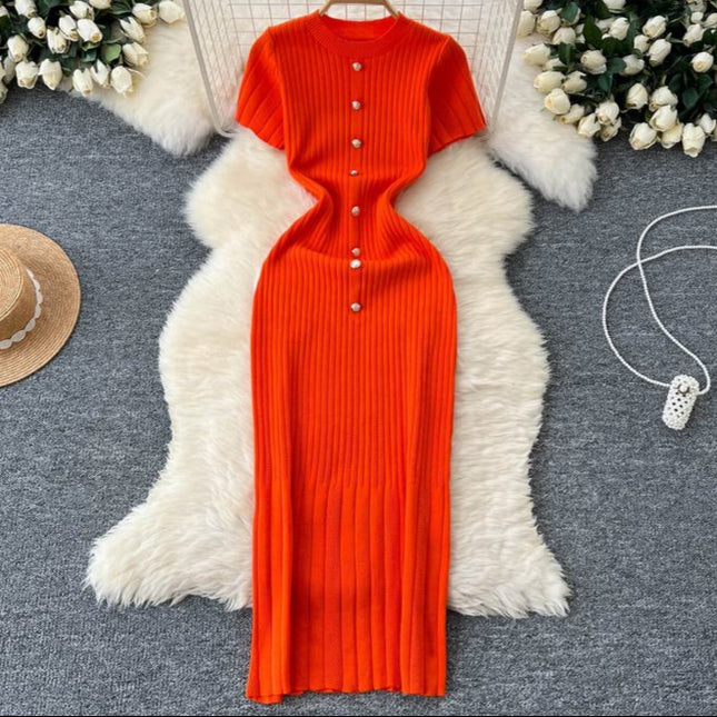 Women's New Premium Round Neck Short Sleeve Slim French Knit Dresses